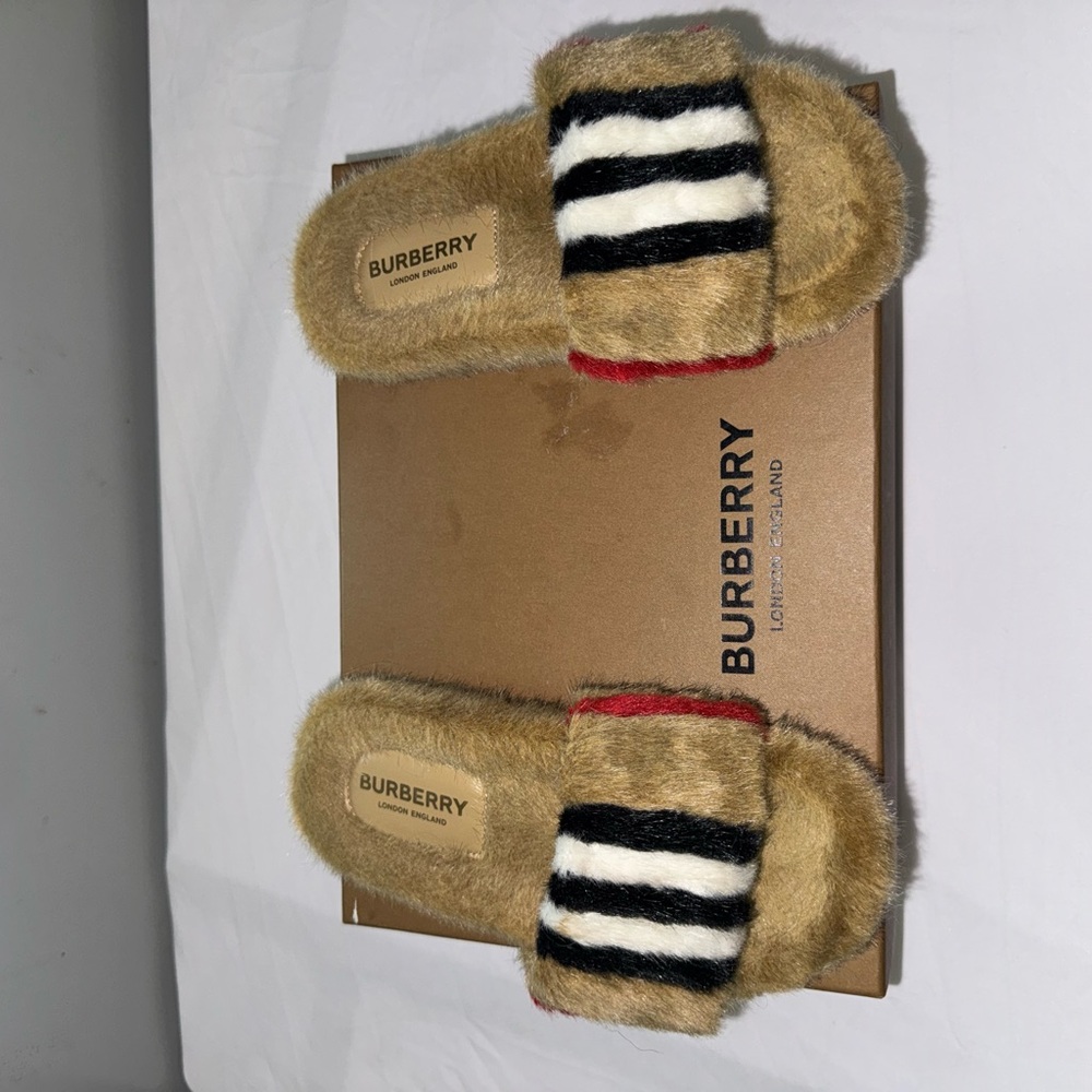 Burberry Tan Furry Slide Sandals with Black, White & Red Accents